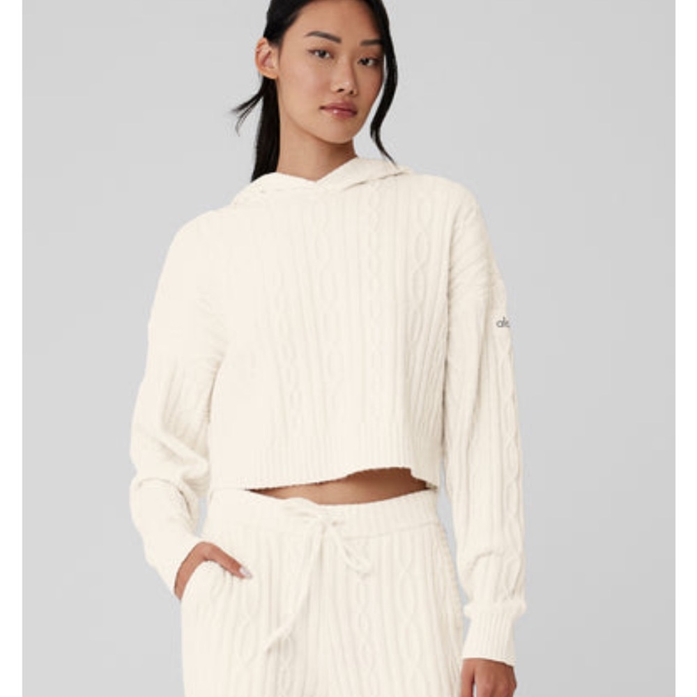 Alo Cable Knit Winter Bliss Hoodie - Ivory Size Medium